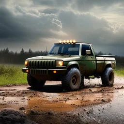 stylized hyperrealistic shot, muddy military pickup truckn with guns mountedon the back, monotone color palette, sharp focus, puddle reflection, tire water splash, refraction, mist on the horizon, shadowcast, god rays, detailed and intricate, cinematic composition, micro, tilt shift photography