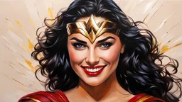 acrylic illustration, acrylic paint, oily sketch, smile, Wonder Woman (Gal Gadot:1.1), detailed, art by [Todd Schorr | Iryna Yermolova | Conor Harrington]