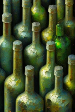 an abstract painting of GLASS BOTTLES, by lucian freud and klimpt, rust, scaffolding, iron cladding, mixed media, textured, anatomically correct, beautiful woman perfect face, green eyes, sharp focus, highly detailed. desolate background