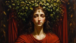 The image depicts a figure adorned with a crown of vines and leaves, symbolizing nature. The background features rich, deep colors, including a red drapery, adding a dramatic contrast to the figure. The overall composition suggests themes of beauty and connection to the natural world.