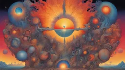 Set The Controls For The Heart Of The Sun || psychedelic, in the styles of Otto Rapp and Gerald Scarfe and Hipgnosis, intricately detailed, expansive, maximalist, mixed media, modern colors, epic, stunning, beautiful, magic realism, highest resolution