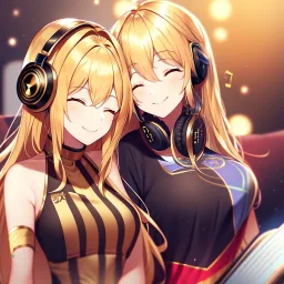 girl, masterpiece, best quality, volumetric lighting, detailed outfit, perfect eyes, golden hair, long hair, closed eyes, headphones on head, listening to music, smile,