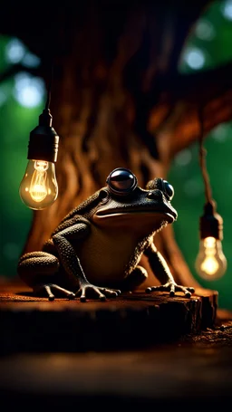 portrait of hairy rock guitar frog living inside a tree house in a hollow huge tree growing light bulbs,bokeh like f/0.8, tilt-shift lens 8k, high detail, smooth render, down-light, unreal engine, prize winning