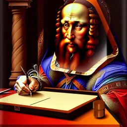 leonardo da vinci works in his study on a laptop at his desk. painting in photoshop. hyperdetailed, warm colors, movie poster, photoillustration, oil on canvas, lens flare