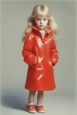 Illustration of model claudia Schiffer, as toddler,,1970s, red plastic raincoat style of Marcel Marlier, pastel colors