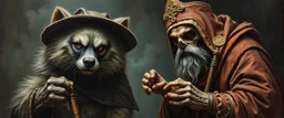 master oil painting with some air brush, fluffy human thief hyena merchant sailor priest realistic and creepy, straight from the lich lab, in the style of Escher and Titian