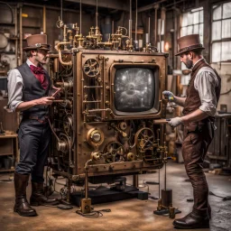 Steampunk engineers constructing a television set