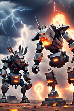 Realistic mech Donkey warrior and mech donkey ninja warrior with thunderstorms in the background and fireballs falling from sky