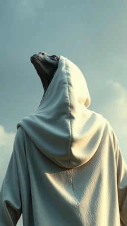 The creature from the the movie Prometheus with white hooded clothes looking up to the sky rear view