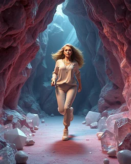 make a picture pretty crystal cave covered with jwells and 3d recursive cubic and sphere base pearls and Gemstone species, a beautiful goddess lady with curvy hair,makeup, in pretty modern today pants and loose shirt with jewels and sport shoes is running inside cave ,dynamic camera fallow her inside cave capturing full body, dynamic lights.