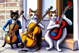 Group of three mature cats musicians, one cat playing guitar, one cat playing drums, one cat holding microphone and singing, singing, street, Vienna, smiling, sunny day, model style, hyper realistic, extremely accurate, delicate, extremely detailed, Graphic novel style, wide-angle, open aperture, superfine pencil