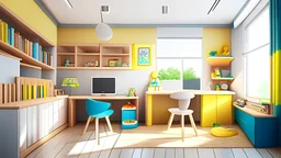 Children's study room at home. Modern spacious interior with desk,