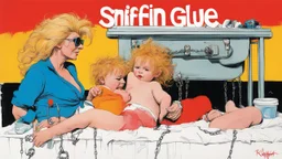 SNIFFIN’ GLUE magazine high res photo cover by Ralph Steadman: special 'heavy chains and diapers from hell for her' issue; guest star: blonde Ginger on the changing table with her youthful mother