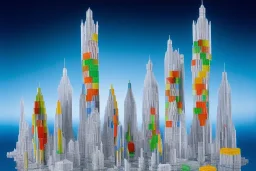 One mile tall plastic city Towers made out of stacked Rubik's CubeS, Orange, white, blue, green