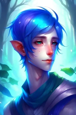 blue violet hair, elf, anime, short hair, fantasy world, soft, male