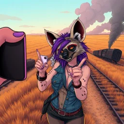 Selfie perspective from a smart phone, Denim vest, purple hair, anthropomorphic curvy, she-hyena posing for a selfie holding up two fingers, background is a train derailment with smoke in a field, digital illustration, SCUZZPUNK AESTHETIC: FILTH, GRIME, STINK... SCUZZ. And a DEVIL-MAY-CARE FLIRTATIOUS SASSY IRREVERENCE.