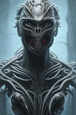 evil predator with crown, alien, brutal face, tron, head, burn eyes, 8k, finely detailed, dark light, photo realistic, hr giger, cyberpunk