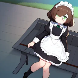 Clear focus, High resolution, short dark brown fluffy hair, green eyes, wearing a maid outfit, sitting down, in a house, cartoon eyes, cute, cartoony style, flat shading, hair covering eyes, no mouth, shadow on face