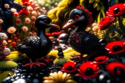 red and black chicken and small chibi duck in a flowergarden with beautiful flowers, pond, in sunshine, H.R. Giger, anime, steampunk, sürreal, watercolor and black in outlines, golden glitter, ethereal, cinematic postprocessing, bokeh, dof