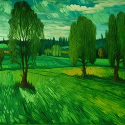 A green plain filled with trees painted by Vincent van Gogh