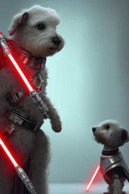 Star Wars scene artificial intelligence a Bedlington Terrier dog wearing black sith knight cape holding a red lightsaber in it's paw, showing R2D2 and 3PO in background, artstation trends, concept art, highly detailed, intricate, sharp focus, digital art, 8 k,