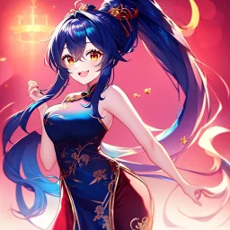 girl, masterpiece, best quality, volumetric lighting, detailed outfit, perfect eyes, vibrant colors, blue long hair, vibrant red eye, golden eye, chinese clothes, ponytail, laughing