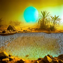 A striking quality Kodak photograph captures a wasteland with liquid and group of plants, creepy, details of the dust very accentuated, glossy organic mass, adorned with minerals and rocks. Bathed in intense light, eerie, Max Ernst style, blue sun, fog