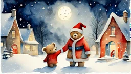 (one) merry little teddy bear Santa Claus ((giving presents )) to teddy bear ((cubs)) in a snowy winter town in the night, 1963, watercolor, (style of Gabriel Pacheco:1.3), front view, magic winter vibe