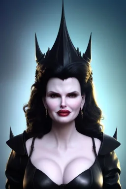 Geena Davis as evil queen in black leather, leather, busty, cleavage, angry, rage, stern look. character design by cory loftis, fenghua zhong, ryohei hase, ismail inceoglu and ruan jia. unreal engine 5, artistic lighting, highly detailed, photorealistic, fantasy