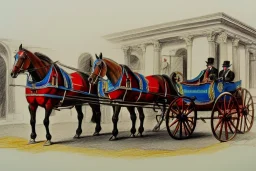 Fiacre, landauer carriage with two horses in Vienna. Pencil sketch. Old paper. Colours