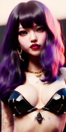 Detailed bellie elilish ,big boobs,touching boobs ,sexy ,licking lolipop ,red hair buns, purple bangs, black latex suimsuit, intricate details, full body portrait, keep head in frame, slight smile, black Japanese motif, concept art, highly detailed, digital painting, concept art, sharp focus, illustration, art by Yoji Shinkawa, WLOP and greg rutkowski and alphonse mucha and artgerm and yanjun Chen and Junji ito and Makoto Shinkai, HDR, octane render