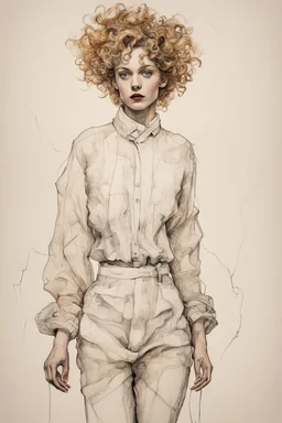 The perception of newness comes from a female figure with blonde curly hear that undergoes a transformation after some specific action and adapts to a new space as if in the form of a garment, ink, EGON SCHIELE style, maximum detail, quality textures, bright lighting, high resolution