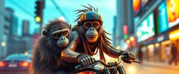 wall poster of transparent biker woman monkey weasel rasta man with cute fur, in big cyberpunk city crossover, volume light and motion blur, airbrush and pen outline