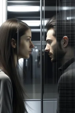 A woman and a man separated by a glass wall prevents the girl from crossing to the man her hair is long black Photorealistic