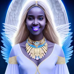 portrait of a beautiful somalian woman with an angel face smiling,long blond hair, blue eyes, pink and blue dress, jewels, soft light aura