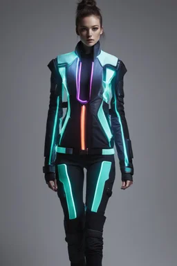 futuristic clothing with Neons glowing in the dark and colorful details