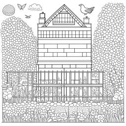 GARDEN HOUSE, "Garden House Tapestry: Weave a tapestry of across the Garden House landscape.".", full view, realistic, coloring page, only draw lines, coloring book, clean line art, wildlife-inspired, kid style, –no sketch, color, –ar 3:4, white background, minimalistic black lines, 8k, minimal black color, low level black colors, coloring page, use pure black and white colors, avoid thick black colors, thin black line art, avoid colors, perfect shape, perfect clear lines, clear edges,