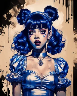 Poster in two gradually, a one side the Singer Melanie Martinez face, full body, painting by Yoji Shinkawa, darkblue and sepia tones,sinister, detailed iridescent, metallic, translucent, dramatic lighting, hyper futuristic, digital art, shot with Sony Alpha a9 Il and Sony FE 200-600mm f/5.6-6.3 G OSS lens, natural light, hyper realistic photograph, ultra detailed -ar 3:2 -q 2 -s 750,malevolent goth vampire girl face and other side