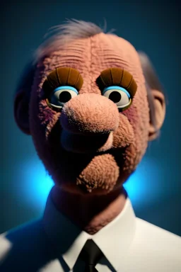 Waist up muppet Portrait, Vladimir Putin as muppet doll, Black suit, photo studio, blue background, unreal engine 5, concept art, art station, god lights, ray tracing, RTX, lumen lighting, ultra detail, volumetric lighting, 3d.