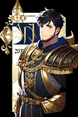 A handsome 30 year old knight, black hair, dark blue eyes, male shaggy haircut, in black-and-gold plate armor, no beard, european, portrait