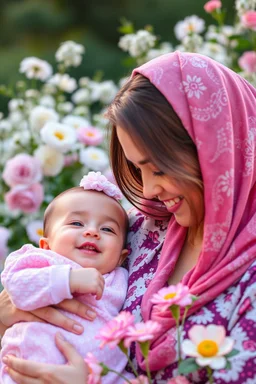 A mother and a beautiful baby with love and compassion, great quality picture show flowers in the background in a romantic scene . 8K, a happily motherhood