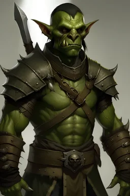 Green-skinned, Orc soldier, Slender, wears plate mail, and short brown hair.
