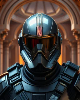 star wars bald male corellian pilot wearing pearlescent black and gunmetal grey First Order special forces heavy assault armor and full face helmet with gold and metallic red visor and trim inside the jedi temple, centered portrait, hyperdetailed, dynamic lighting, hyperdetailed background, 8k resolution, volumetric lighting, light skin, fully symmetric details