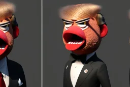 Angry muppet trump, round nose, in suit, eyebrows, spray tan mad