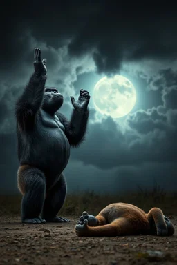 A gorilla standing with anger , looking up to the sky , front view,raising both hands up like prayer. His son is laying dead on the ground, A cloudy stormy behind a dim lighting moon ,4k, dramatic scene,