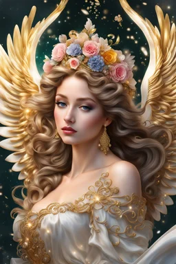 Photography realistic Beautiful Angel wearing a magical gown of swirly flowing marble water gold filigree curlicues, flowering flowers, bloom, sparkle, ornamental gilt, diamonds, rubies, emeralds, sapphires, beautiful, delicate, intricate, elegant, graceful, shiny, Hyperrealism, Rococo, expressive, spherical, zoom out, volumetric lighting