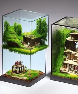 Tiny dioramas incased in a glass cube