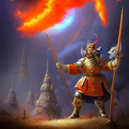 army with morning stars in front of a tall skewed tower on fire in a hurricane, upper body of orange devil with spear, thick forest