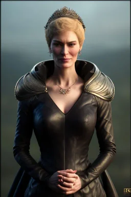 Cersei Lannister as evil queen in black leather, lena headay, leather, busty, cleavage, angry, rage, stern look. character design by cory loftis, fenghua zhong, ryohei hase, ismail inceoglu and ruan jia. unreal engine 5, artistic lighting, highly detailed, photorealistic, fantasy