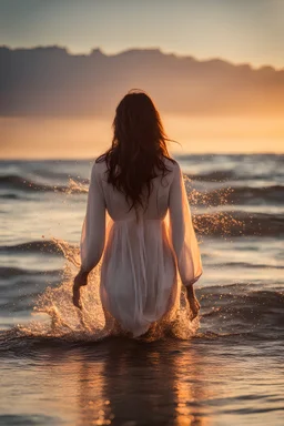 A young brunette woman in water at a beach. It is sunrise and back to the camera